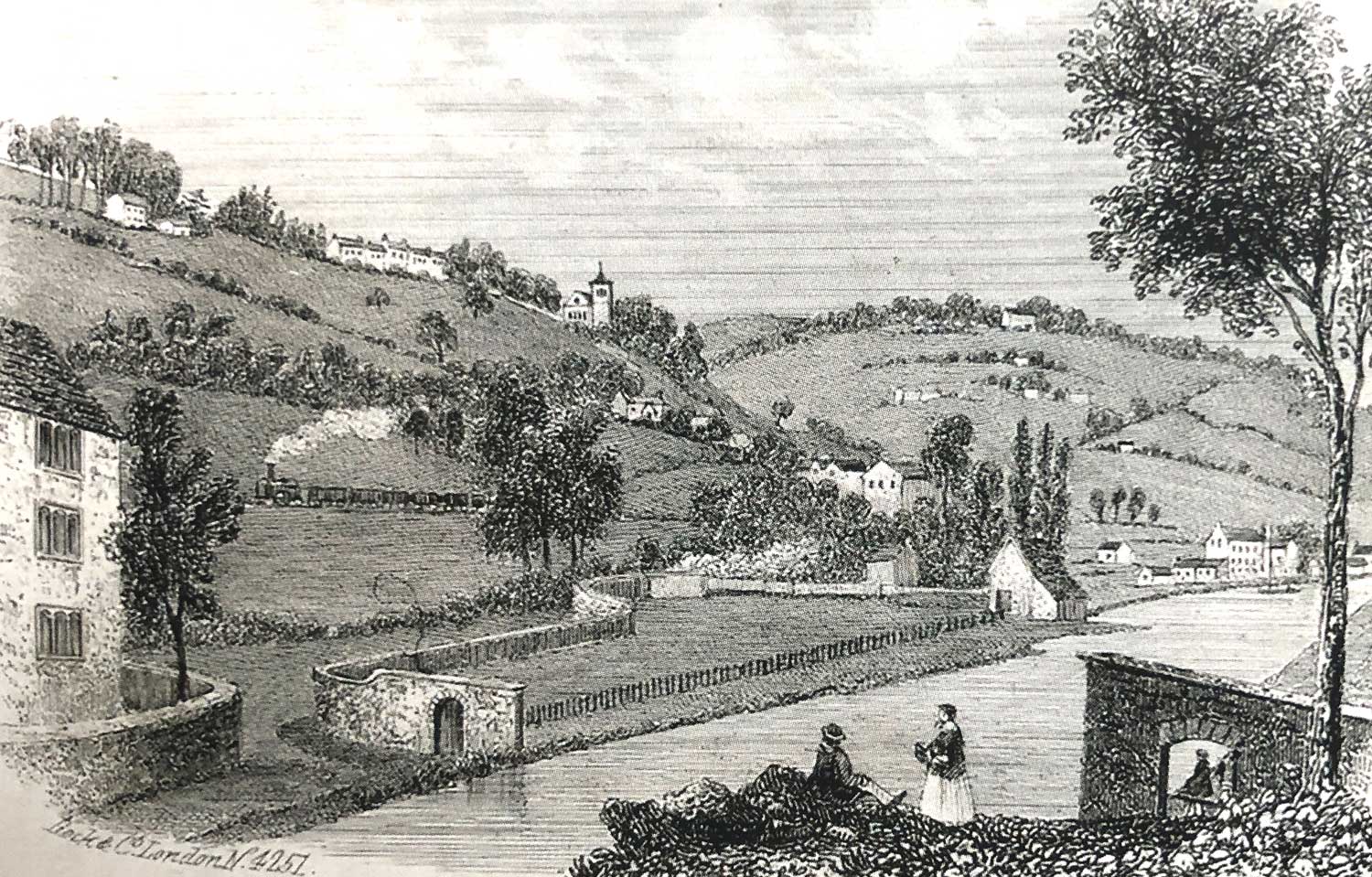 Brimscombe Basin from the east showing the Port Wall and two gateways near Bourne Mill. (Howard Beard)