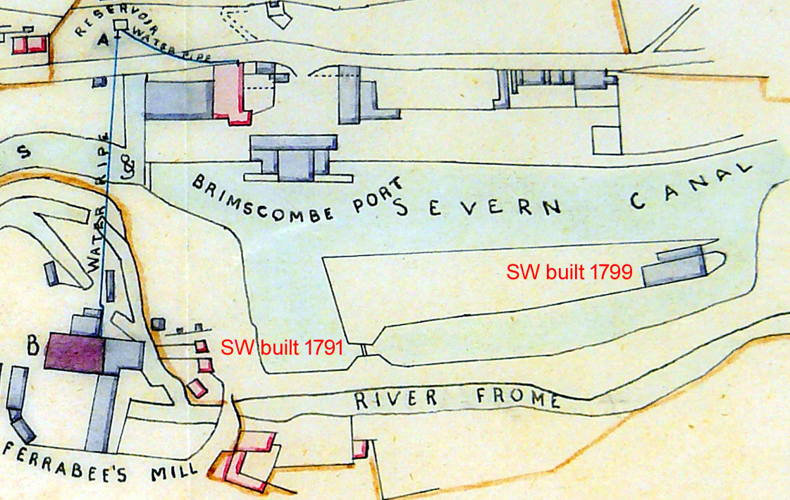Plan of Brimscombe Port c1865 annotated to highlight the two former salt warehouses (From Ref 8).