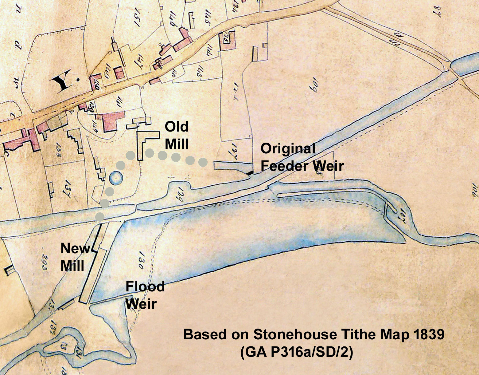 Excerpt from the Stonehouse tithe map of 1839 showing the two Ebley mills with the course of the old river and the original feeder weir superimposed.