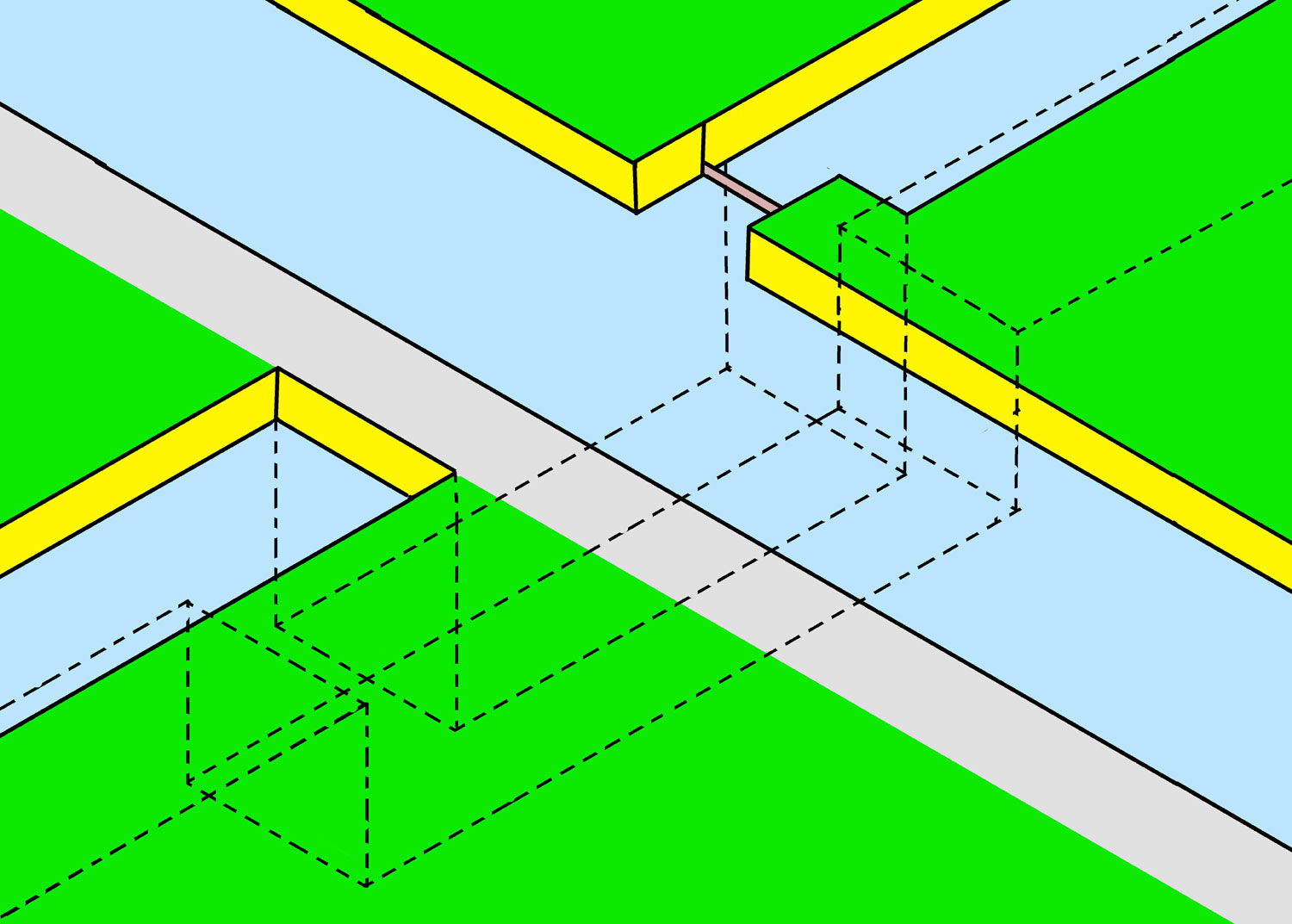 A simple representation of an inverted siphon culvert with an adjustable feeder weir on the far side.