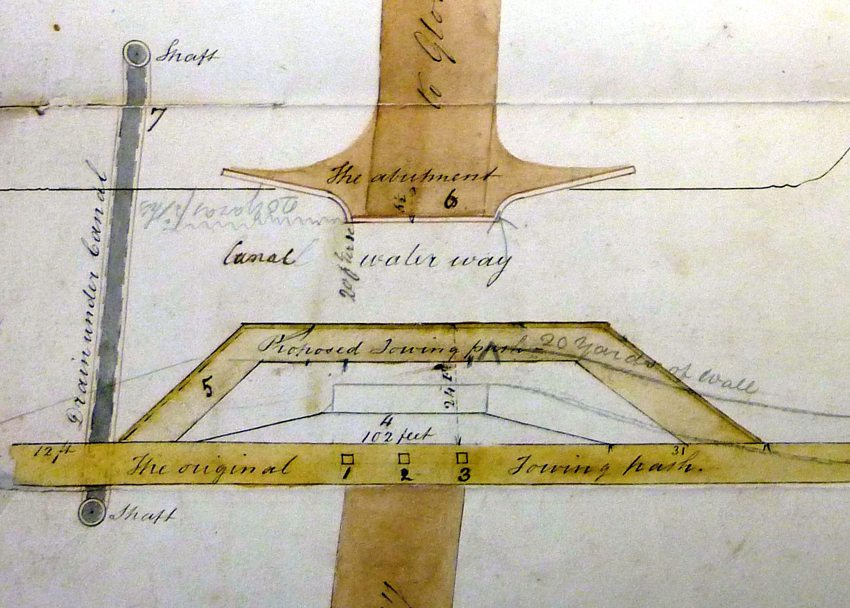 Plan of the proposed alteration to the towpath, also showing the drain, 1842. (GA D1180/10/144)